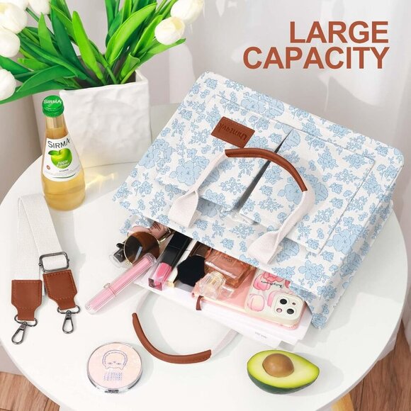 Stylish Blue Floral Tote Bag with Leather Handles - Durable Canvas Everyday Use - Picture 6 of 6